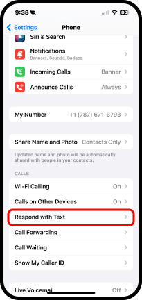 Toque Respond with Text (Responder con texto) en la pantalla Phone.