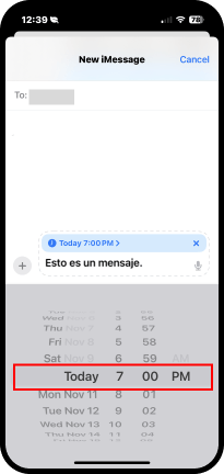 Selector de hora para programar hora de envío del mensaje.